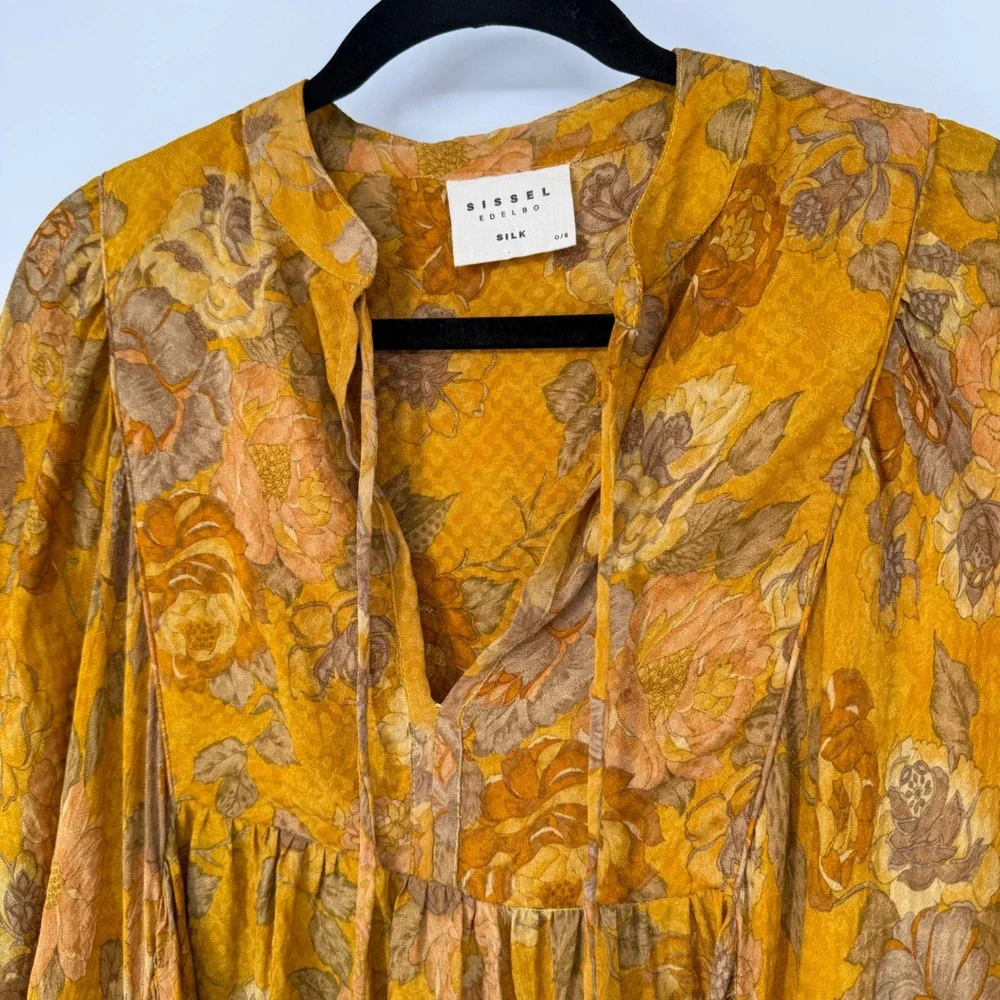 SISSEL EDELBO 100% SILK ONE SIZE MINI DRESS GOLDEN FLORAL OVERSIZED BOHO FAIRY‎
